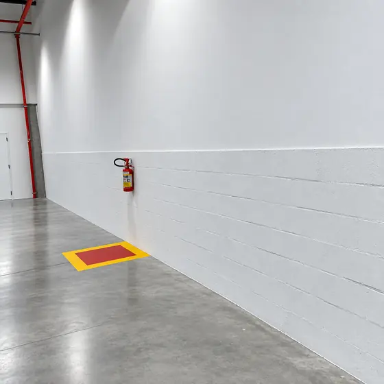 Parede de galpão pintada de branco com área de extintor sinalizada